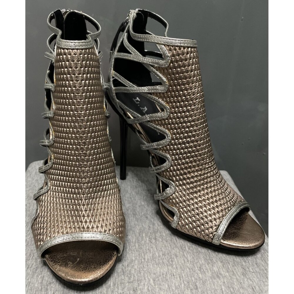 L.A.M.B. Parker Rose Gold Leather Gladiator Heels Cage Peep Toe Stiletto Size 6